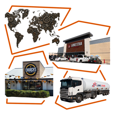 Sugarland Petroleum portfolio — world map formed from recycled metal parts linked to Lone Star Market, Church's Texas Chicken, and a Lone Star fuel tanker